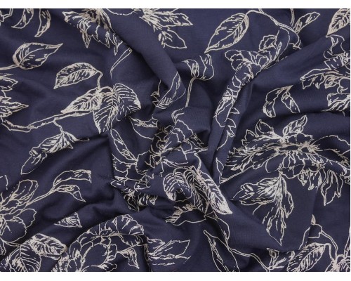 Printed Viscose Jersey Fabric - White line Drawn Floral Print